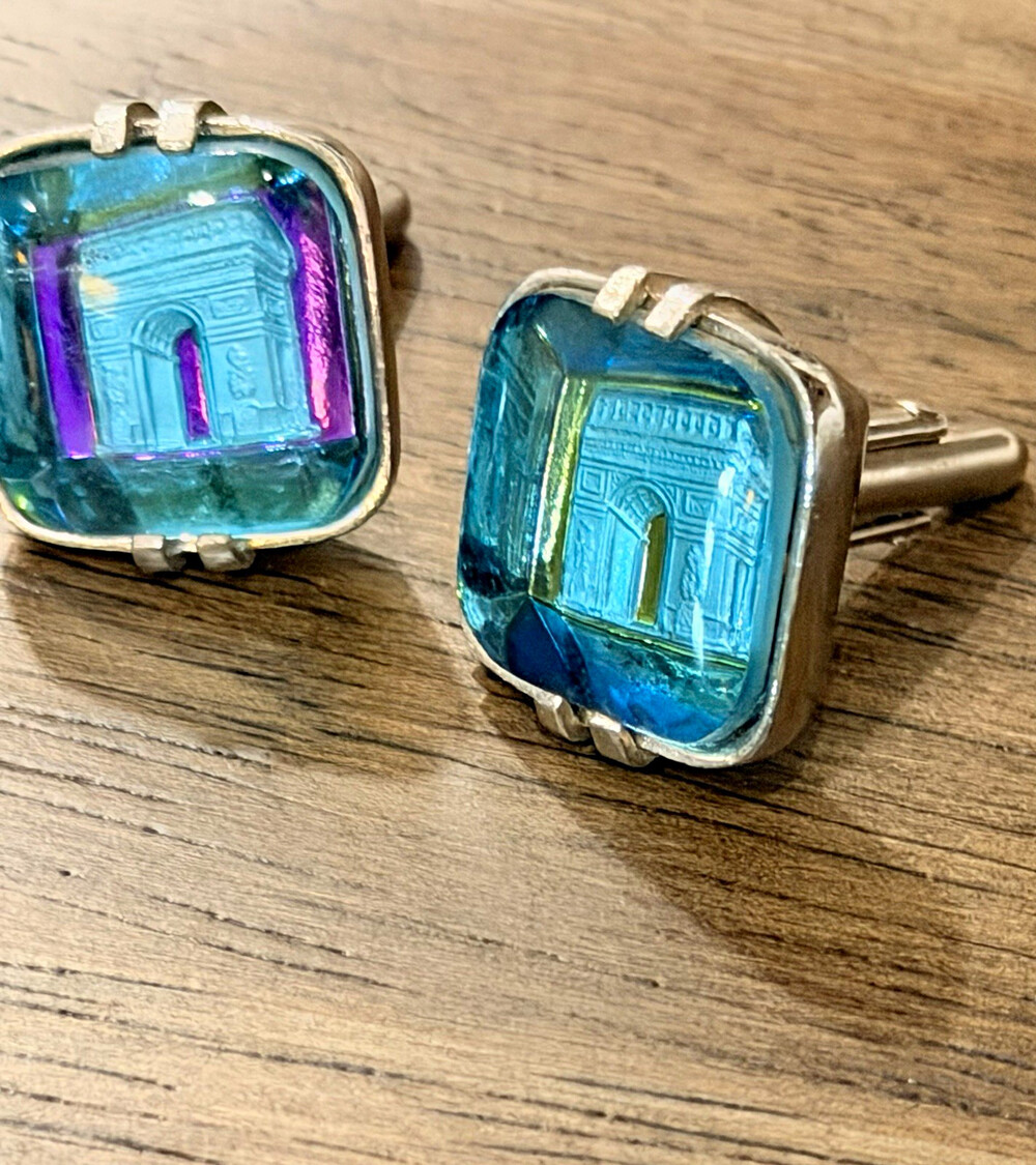 Swank Arts of the World Arc de Triomphe Aqua Blue Glass Intaglio Cufflinks
